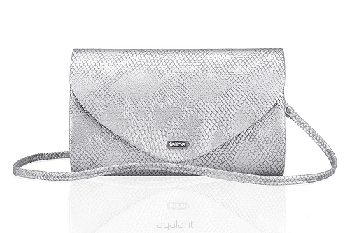 Elegancka kopertówka w wężową skórę, FELICE wzór F15, srebrna