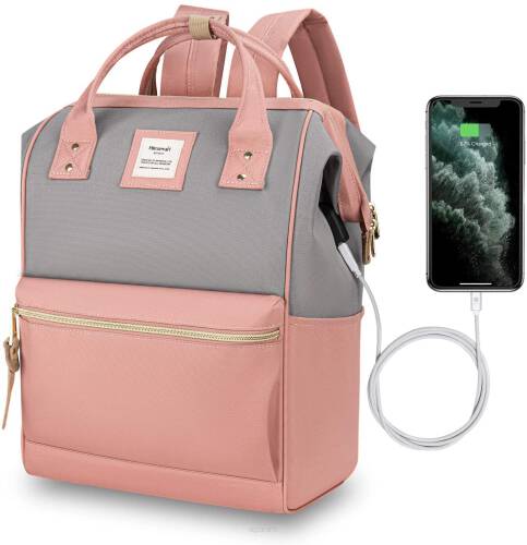 Miejski plecak na laptopa 15,6 z portem USB, wodoodporny, do szkoły, na uczelnię, torba Himawari SCP17 różowy-szary